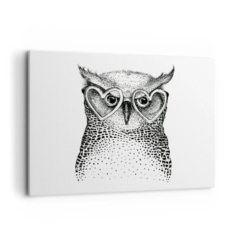 Cuadro sobre lienzo - Impresión de Imagen - Gráfico elegante de un búho con gafas en forma de corazón. - 100x70cm - Con sabiduría y amor - Decoración de pared moderna para salón y dormitorio ARTTOR