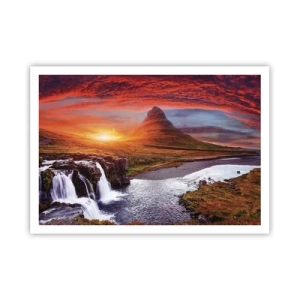 Póster - Paisaje de montaña con cascada al atardecer. - 100x70cm - Una vista de la Tierra Media - Decoración de pared moderna para salón y dormitorio ARTTOR