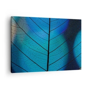 Cuadro sobre lienzo - Impresión de Imagen - Primer plano de una hoja azul con detalle de vena visible - 70x50cm - Construcción intrincada - Decoración de pared moderna para salón y dormitorio ARTTOR