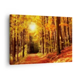 Cuadro sobre lienzo - Impresión de Imagen - Bosque otoñal con rayos de sol brillando a través de los árboles. - 70x50cm - Un otoño dorado en una carretera forestal - Decoración de pared moderna para salón y dormitorio ARTTOR