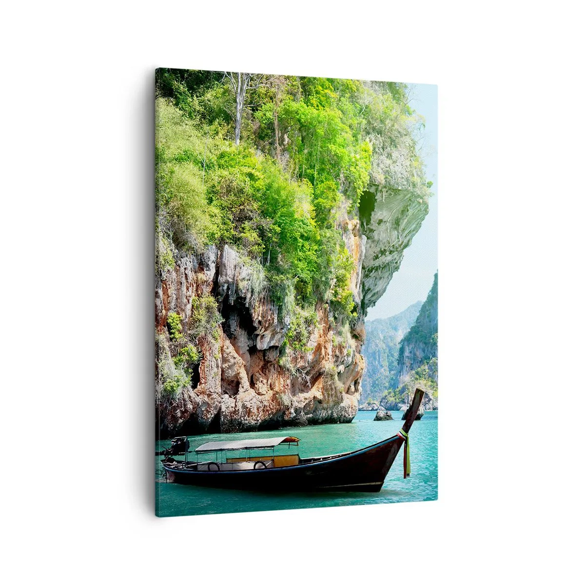 Cuadro sobre lienzo - Impresión de Imagen - Un barco tradicional con un telón de fondo de acantilados tropicales y aguas turquesas. - 50x70cm - Una invitación a un viaje exótico - Decoración de pared moderna para salón y dormitorio ARTTOR