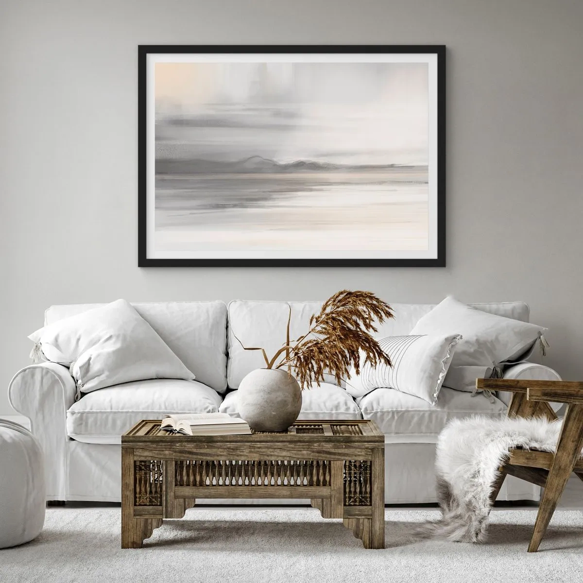 Póster en marco negro - Un paisaje sutil en tonos grises y beige. - 70x50cm - Una distancia reflexiva - Decoración de pared moderna para salón y dormitorio ARTTOR