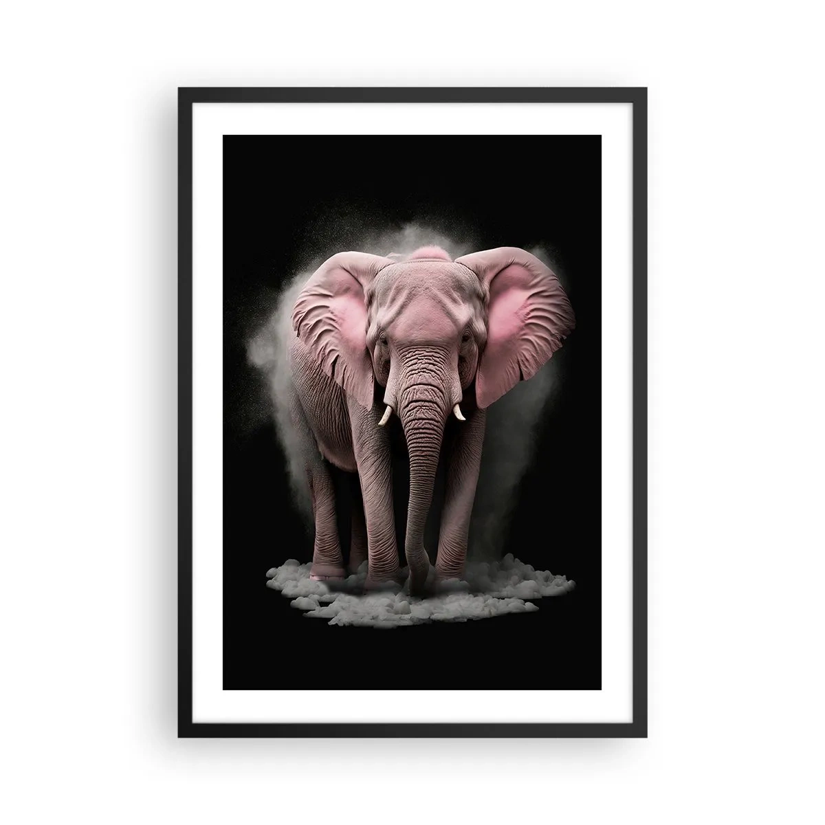 Póster en marco negro - Un elefante rosa en un espacio negro y dinámico. - 50x70cm - El rey rosado de oriente - Decoración de pared moderna para salón y dormitorio ARTTOR