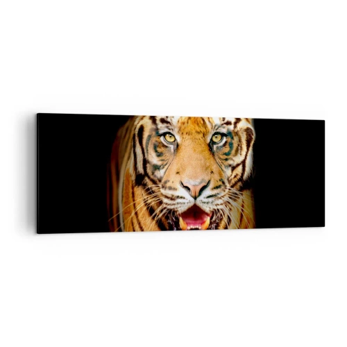 Cuadro sobre lienzo - Impresión de Imagen - Un tigre con la boca abierta sobre un fondo negro. - 140x50cm - Salvaje de corazón - Decoración de pared moderna para salón y dormitorio ARTTOR