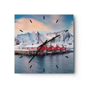 Reloj de pared - Reloj de vidrio - Casas rojas con el telón de fondo de montañas nevadas y el mar azul. - 30x30cm - Un retiro en el norte - Decoración de pared moderna para salón y dormitorio ARTTOR