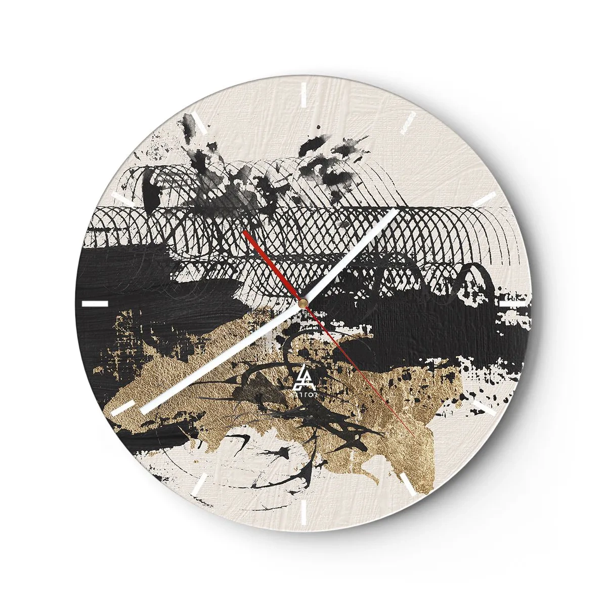 Reloj de pared - Reloj de vidrio - Composición abstracta de negro, dorado y blanco. - 30x30cm - Composición con pasión - Decoración de pared moderna para salón, cocina y dormitorio ARTTOR
