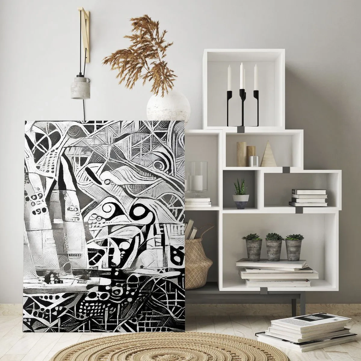 Cuadro sobre vidrio - Impresiones sobre Vidrio - Abstracción en blanco y negro con veleros y patrones geométricos. - 50x70cm - Entre las olas - Decoración de pared moderna para salón y dormitorio ARTTOR