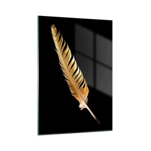Cuadro sobre vidrio - Impresiones sobre Vidrio - Una pluma dorada sobre un fondo negro en estilo minimalista. - 50x70cm - Pluma de alta calidad - Decoración de pared moderna para salón y dormitorio ARTTOR
