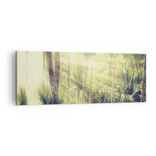 Cuadro sobre lienzo - Impresión de Imagen - Rayos de sol en un bosque tropical de palmeras - 140x50cm - En el cálido verde - Decoración de pared moderna para salón y dormitorio ARTTOR