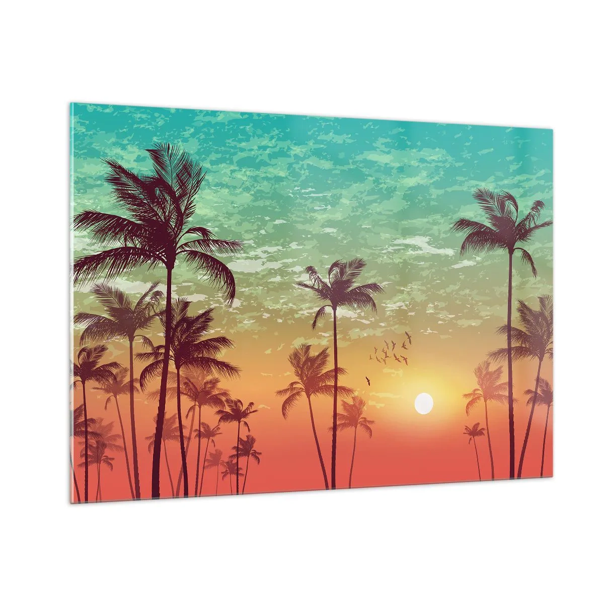 Cuadro sobre vidrio - Impresiones sobre Vidrio - Ilustración de palmeras al atardecer - 100x70cm - Ambientes tropicales - Decoración de pared moderna para salón y dormitorio ARTTOR