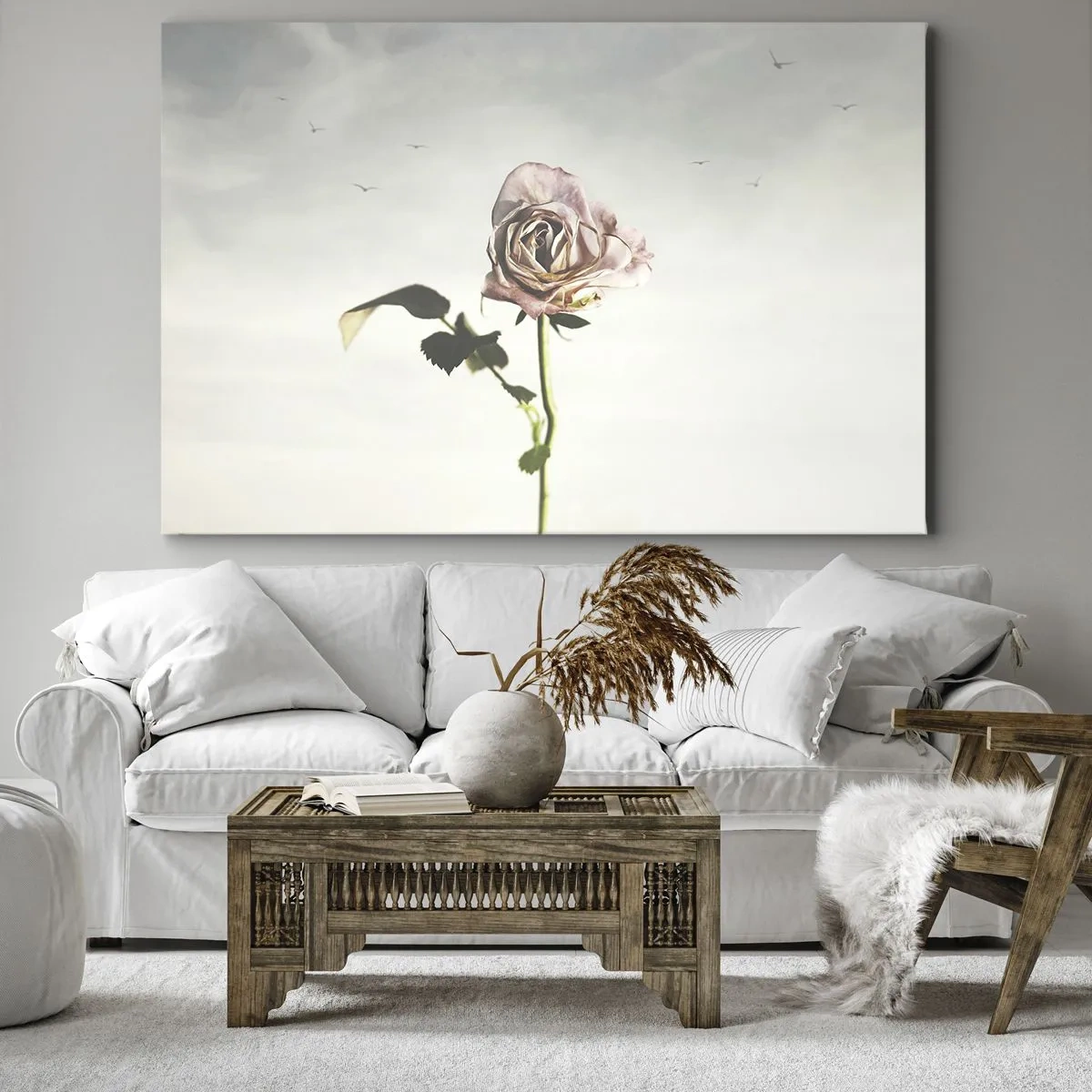 Cuadro sobre lienzo - Impresión de Imagen - Una delicada rosa contra un cielo brillante con pájaros volando. - 70x50cm - Bienvenida a la primavera - Decoración de pared moderna para salón y dormitorio ARTTOR