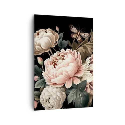 Cuadro sobre lienzo - Impresión de Imagen - Un ramo de flores rosas y mariposas sobre un fondo negro. - 70x100cm - En estilo barroco - Decoración de pared moderna para salón y dormitorio ARTTOR