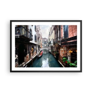 Póster en marco negro - Un canal en Venecia con una góndola y edificios históricos. - 70x50cm - Paisaje veneciano con góndola y puente - Decoración de pared moderna para salón y dormitorio ARTTOR