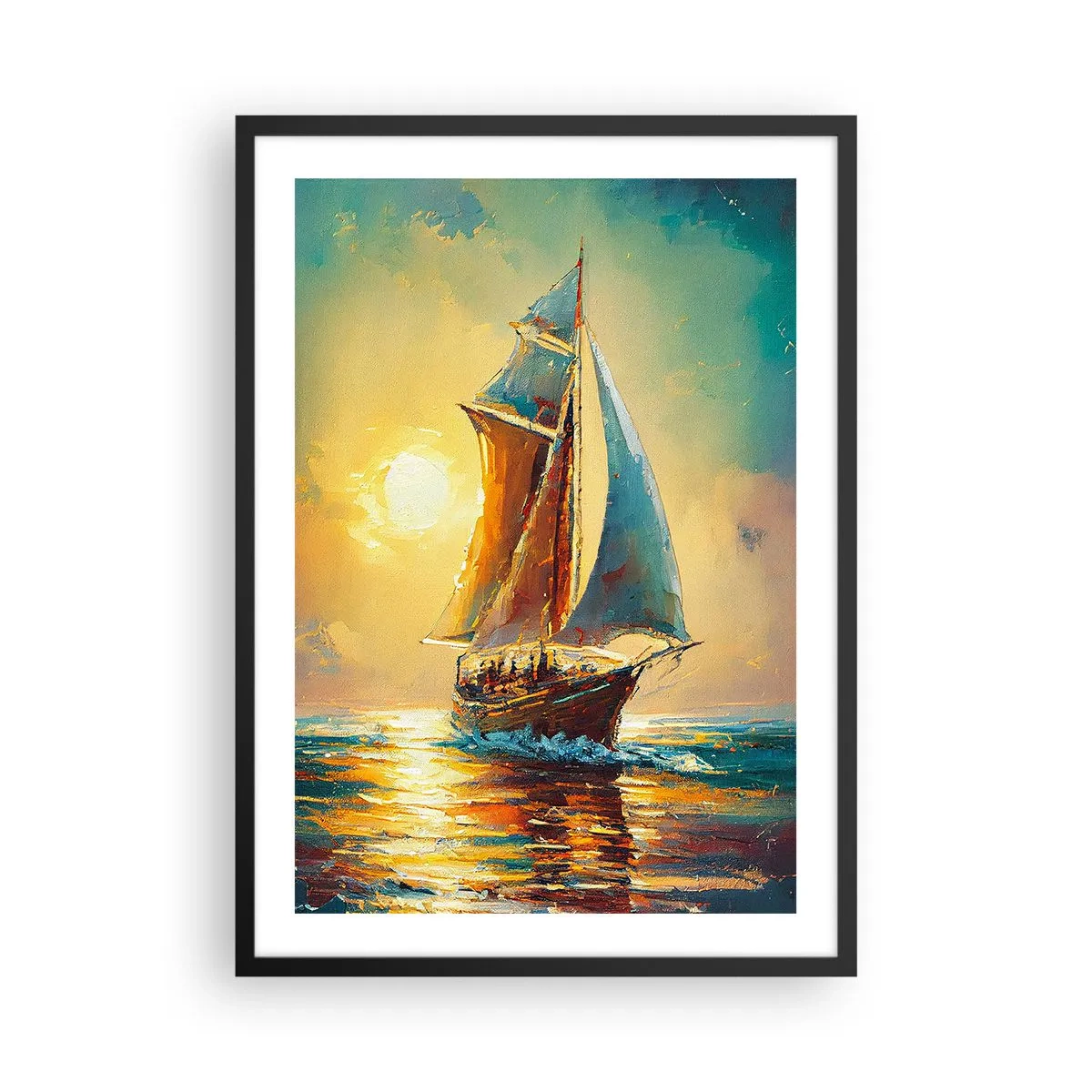 Póster en marco negro - Un velero con el telón de fondo de una puesta de sol dorada. - 50x70cm - A toda vela - Decoración de pared moderna para salón y dormitorio ARTTOR