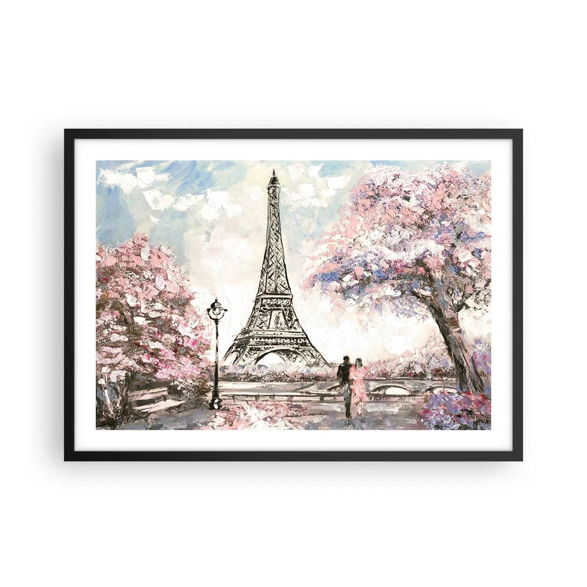 Póster en marco negro - La Torre Eiffel rodeada de árboles en flor. - 70x50cm - Un paseo por París en abril - Decoración de pared moderna para salón y dormitorio ARTTOR