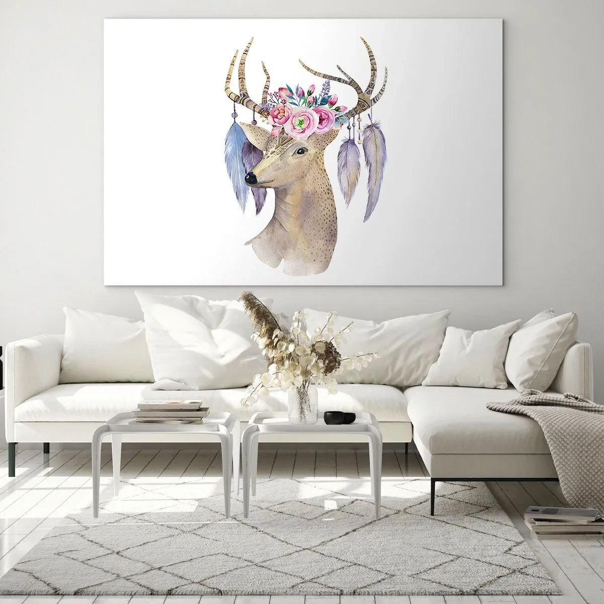 Cuadro sobre vidrio - Impresiones sobre Vidrio - Ciervo con corona de flores y plumas. - 120x80cm - Guía del alma - gentil, inocente - Decoración de pared moderna para salón y dormitorio ARTTOR