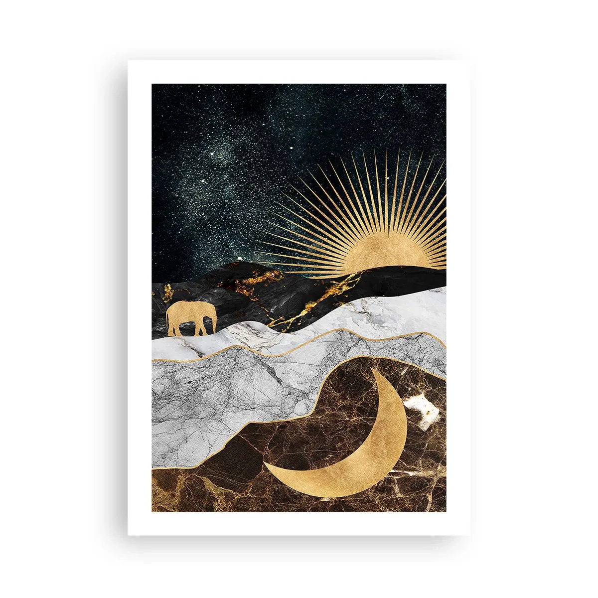 Póster - Paisaje dorado con la luna, el sol y la silueta de un elefante. - 50x70cm - Leyes eternas - Decoración de pared moderna para salón y dormitorio ARTTOR