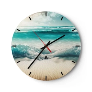 Reloj de pared - Reloj de vidrio - Olas turquesas rompiendo en una playa de arena - 30x30cm - Calma oceánica - Decoración de pared moderna para salón, cocina y dormitorio ARTTOR