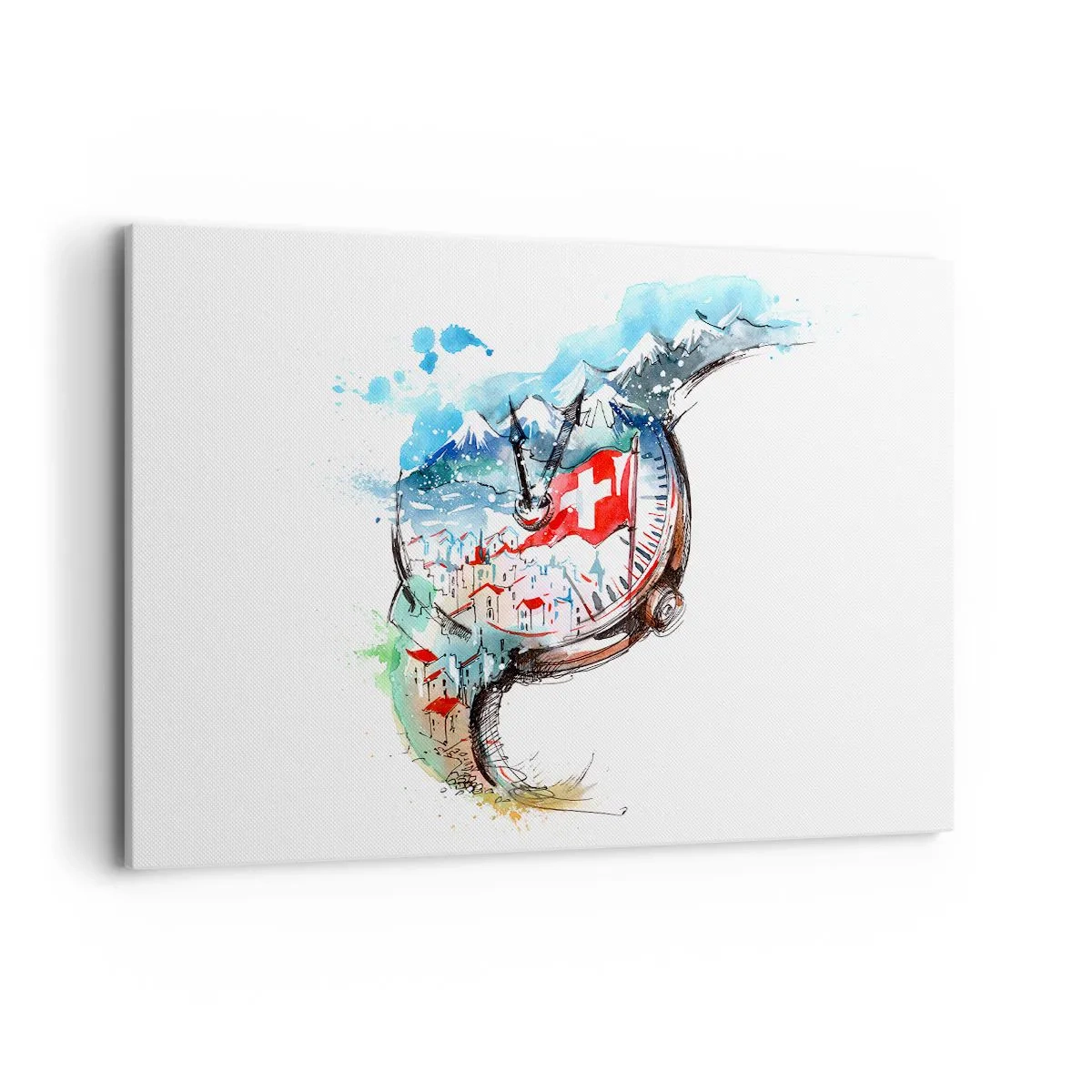 Cuadro sobre lienzo - Impresión de Imagen - Un paisaje de acuarela de Suiza con un diseño de relojería. - 120x80cm - El espíritu de Suiza - Decoración de pared moderna para salón y dormitorio ARTTOR