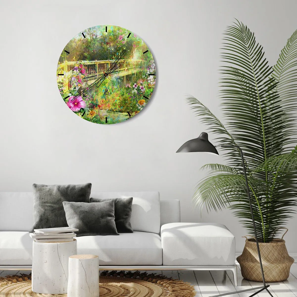 Reloj de pared - Reloj de vidrio - Un puente rodeado de flores en el jardín de verano. - 30x30cm - Un puente de suspiros de primavera - Decoración de pared moderna para salón, cocina y dormitorio ARTTOR