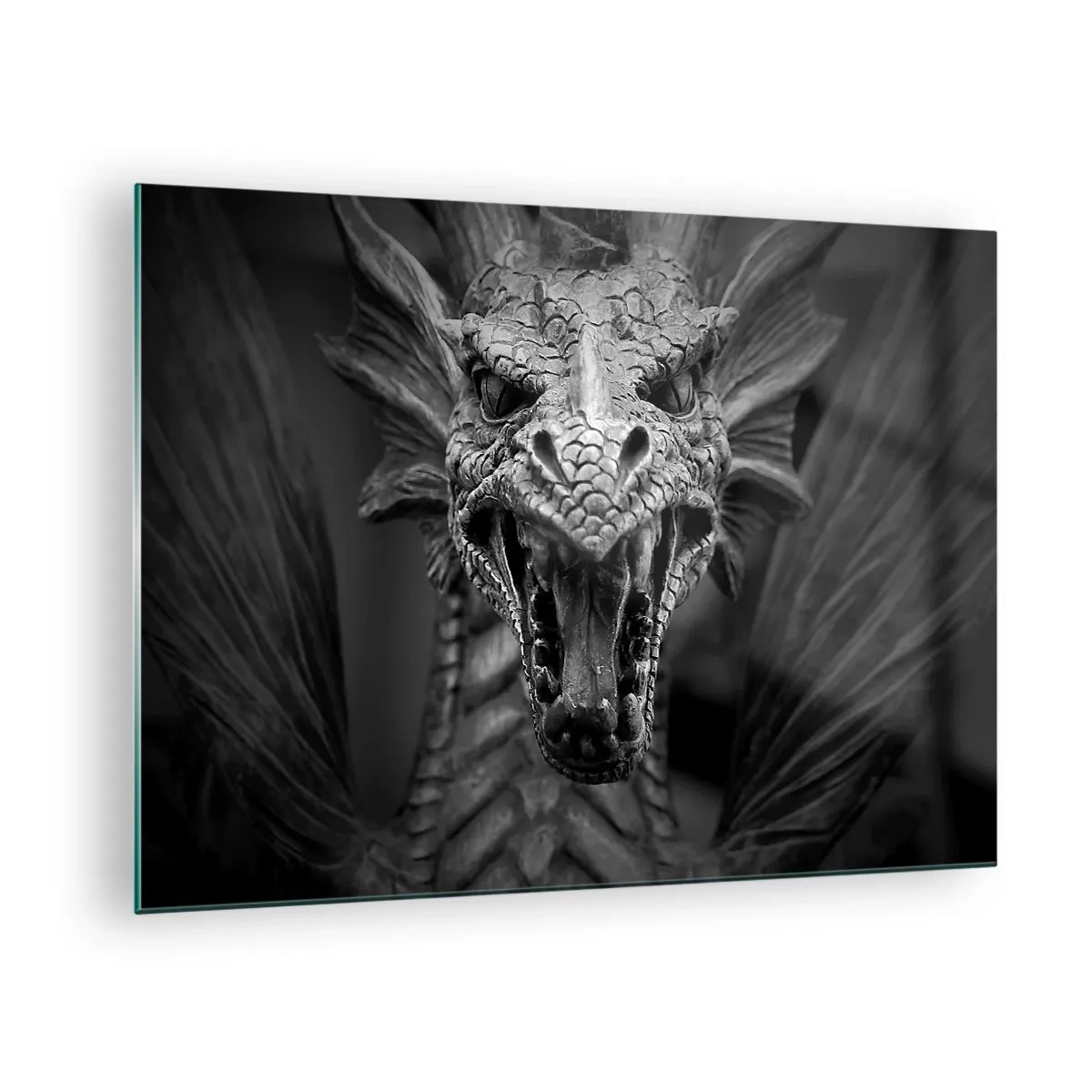 Cuadro sobre vidrio - Impresiones sobre Vidrio - Retrato detallado de un dragón en blanco y negro. - 70x50cm - Dragón de cuento de hadas en gris - Decoración de pared moderna para salón y dormitorio ARTTOR