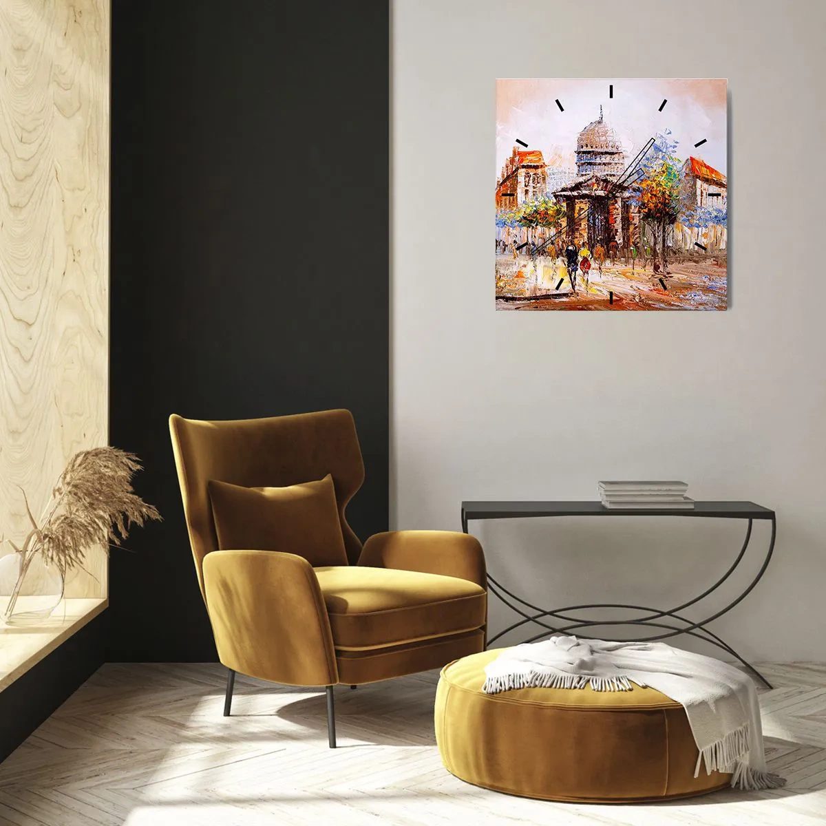 Reloj de pared - Reloj de vidrio - Escena urbana impresionista con un edificio histórico. - 30x30cm - Un paseo parisino - Decoración de pared moderna para salón y dormitorio ARTTOR