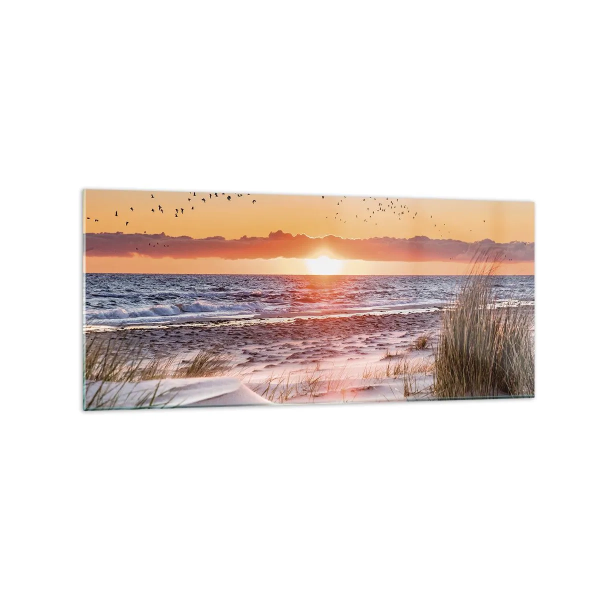 Cuadro sobre vidrio - Impresiones sobre Vidrio - Puesta de sol sobre el mar con vistas a las dunas - 120x50cm - Paisaje horizontal - Decoración de pared moderna para salón y dormitorio ARTTOR