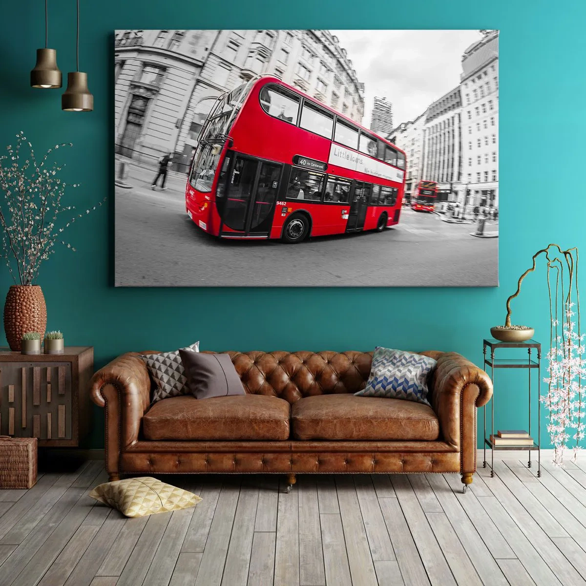 Cuadro sobre lienzo - Impresión de Imagen - Un autobús rojo de Londres contra una calle en blanco y negro - 100x70cm - Londres tradicional - en autobús - Decoración de pared moderna para salón y dormitorio ARTTOR