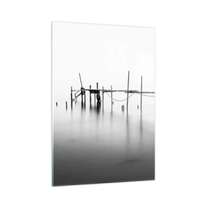 Cuadro sobre vidrio - Impresiones sobre Vidrio - Un embarcadero blanco y negro sobre una superficie de agua tranquila. - 50x70cm - ¿Y si no hay mundo? - Decoración de pared moderna para salón y dormitorio ARTTOR