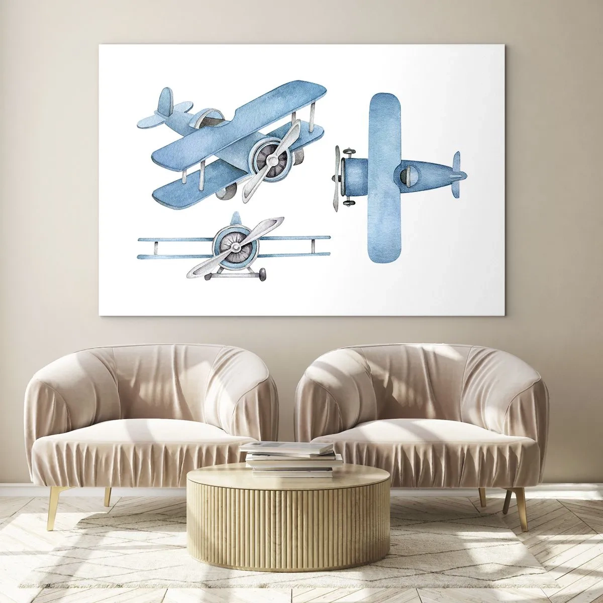 Cuadro sobre vidrio - Impresiones sobre Vidrio - Aviones retro azules sobre fondo blanco para niños. - 70x50cm - Un ganador nato - Decoración de pared moderna para salón y dormitorio ARTTOR