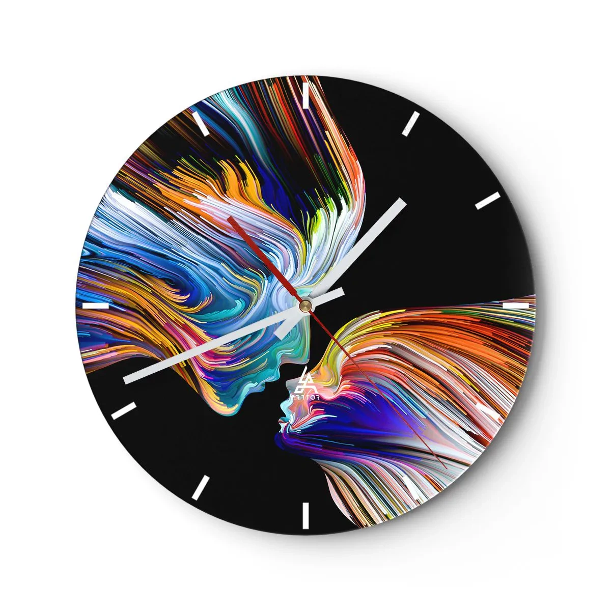 Reloj de pared - Reloj de vidrio - Dos caras con líneas coloridas y arremolinadas sobre un fondo negro. - 30x30cm - Una fusión de energía y luz - Decoración de pared moderna para salón, cocina y dormitorio ARTTOR
