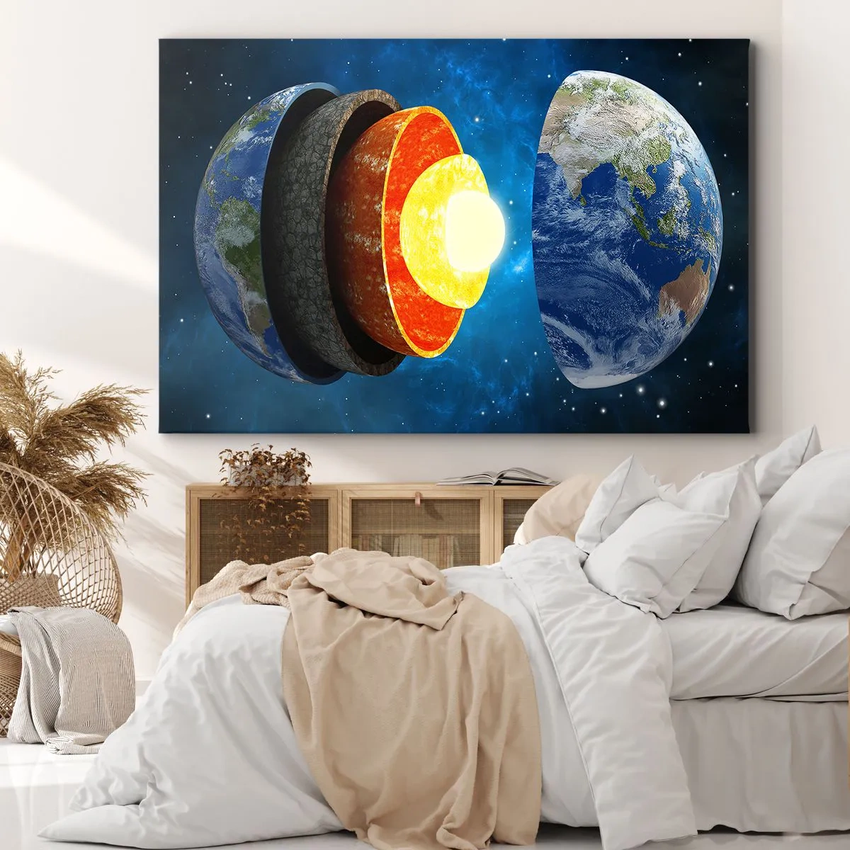 Cuadro sobre lienzo - Impresión de Imagen - Una sección transversal de la Tierra que muestra sus capas en el espacio. - 70x50cm - Una expedición a las entrañas de la Tierra - Decoración de pared moderna para salón y dormitorio ARTTOR