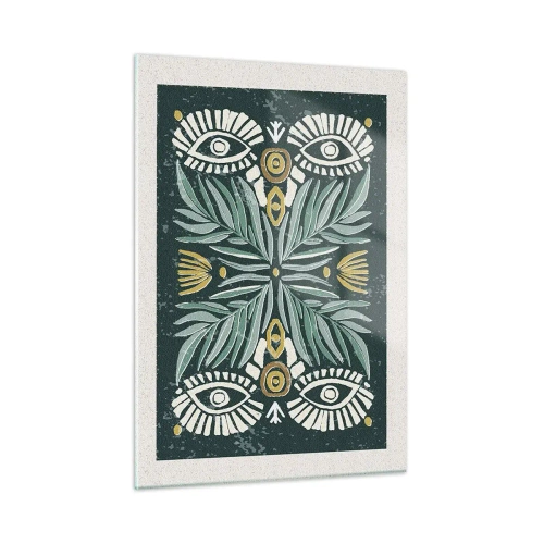 Cuadro sobre vidrio - Impresiones sobre Vidrio - Una composición simétrica de hojas y patrones en estilo folklórico. - 50x70cm - Como un recorte folclórico - Decoración de pared moderna para salón y dormitorio ARTTOR