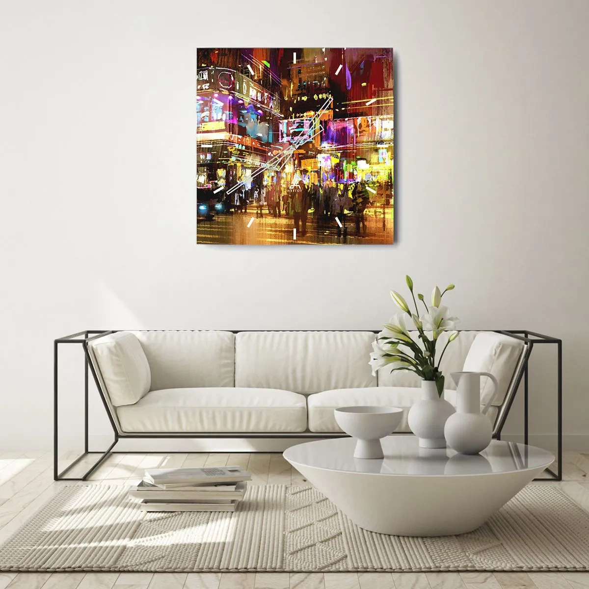 Reloj de pared - Reloj de vidrio - Una ciudad vibrante por la noche bajo la luz de neón. - 30x30cm - En un mar de luz - Decoración de pared moderna para salón y dormitorio ARTTOR