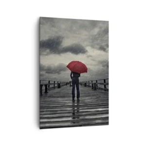 Cuadro sobre lienzo - Impresión de Imagen - Una persona con un paraguas rojo en un muelle lluvioso. - 70x100cm - No importa que llueva - Decoración de pared moderna para salón y dormitorio ARTTOR
