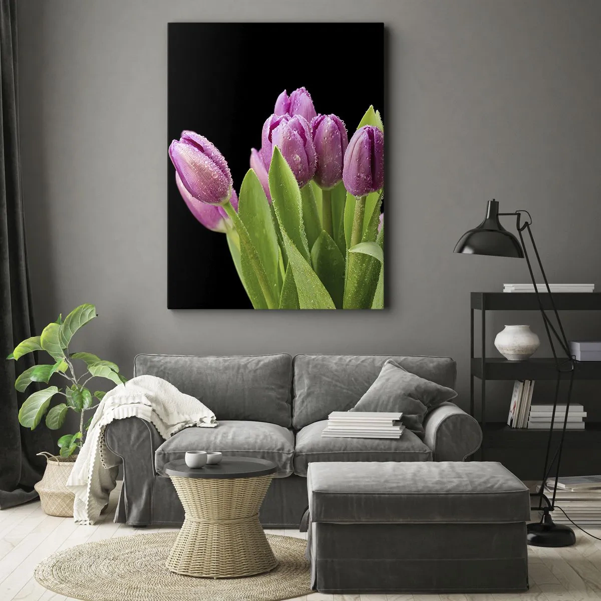 Cuadro sobre lienzo - Impresión de Imagen - Tulipanes rosados con gotas de rocío sobre un fondo negro - 50x70cm - La alegría de la primavera - Decoración de pared moderna para salón y dormitorio ARTTOR