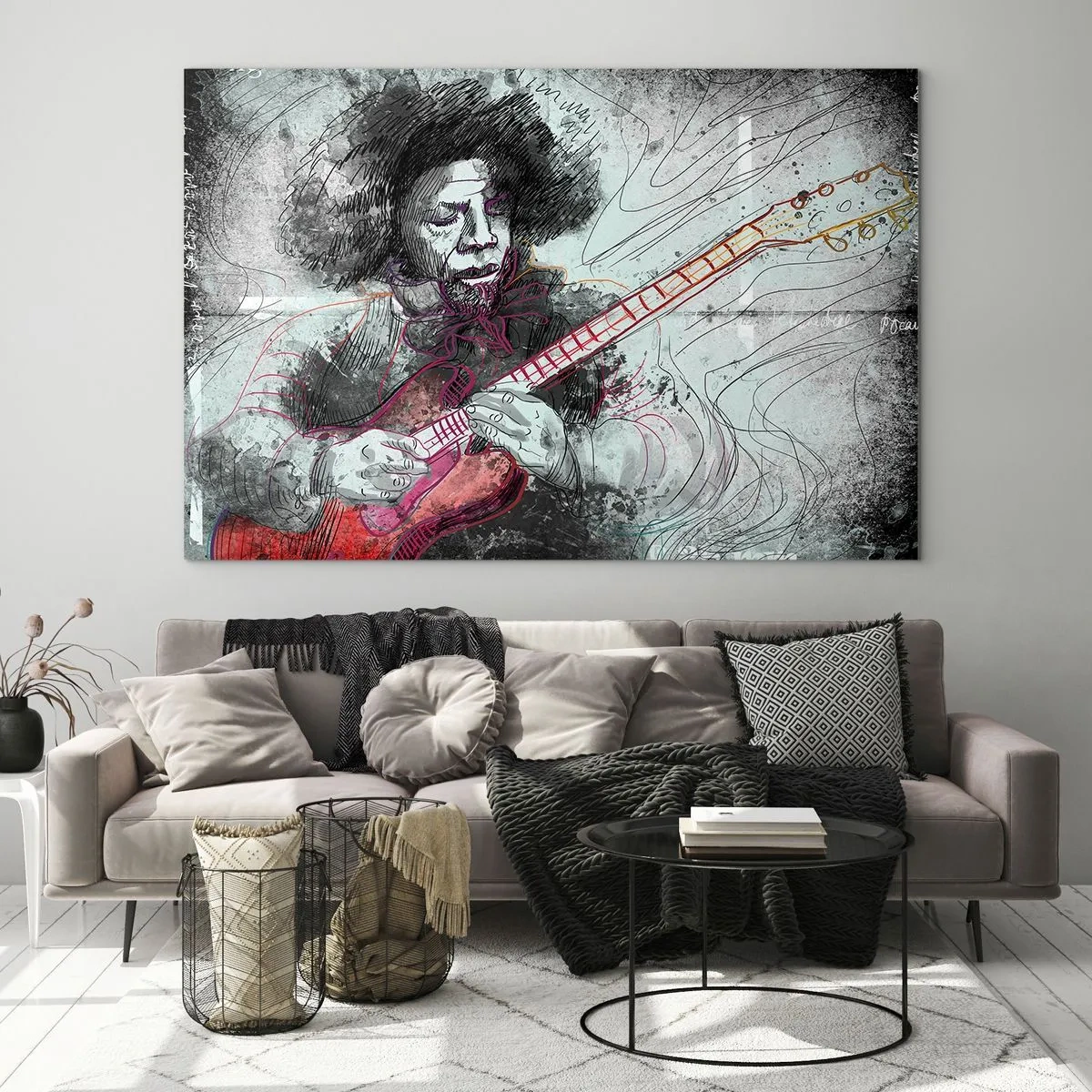 Cuadro sobre vidrio - Impresiones sobre Vidrio - Retrato artístico de un músico con una guitarra eléctrica. - 100x70cm - Volando con la música - Decoración de pared moderna para salón y dormitorio ARTTOR