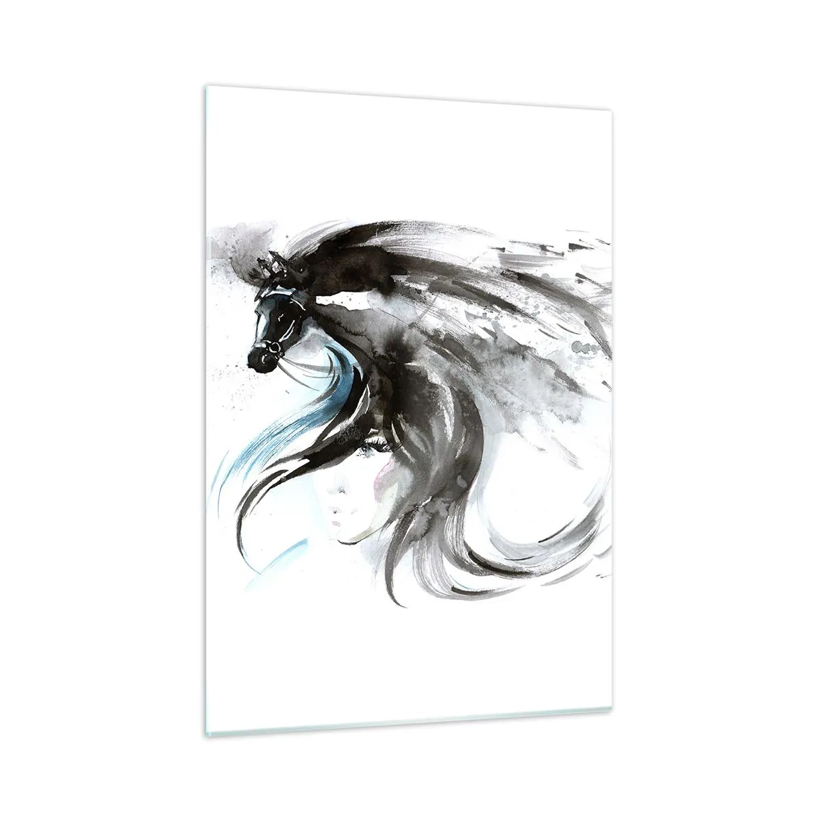 Cuadro sobre vidrio - Impresiones sobre Vidrio - Retrato de una mujer y un caballo en una composición artística y dinámica. - 50x70cm - El galope del Príncipe Negro - Decoración de pared moderna para salón y dormitorio ARTTOR