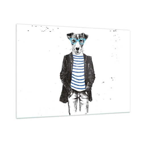 Cuadro sobre vidrio - Impresiones sobre Vidrio - Ilustración de un perro con camisa de marinero y gafas sobre un fondo blanco. - 100x70cm - El encanto del perro - Decoración de pared moderna para salón y dormitorio ARTTOR