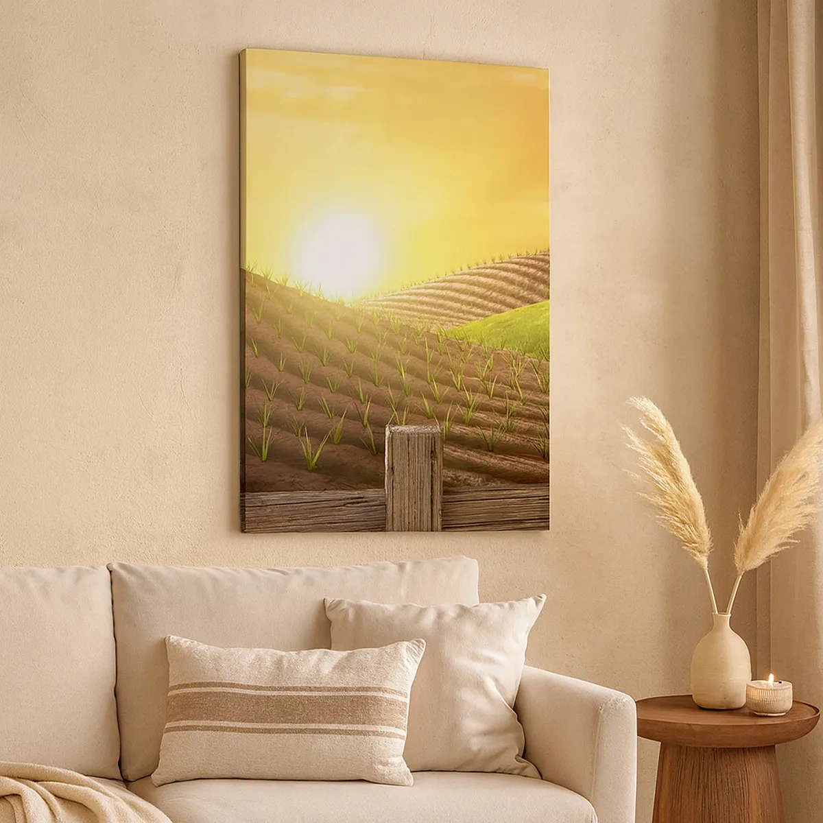 Cuadro sobre lienzo - Impresión de Imagen - Paisaje rural con un granero rojo, un tractor y el amanecer. - 50x70cm - Una granja como un cuento de hadas - Decoración de pared moderna para salón y dormitorio ARTTOR