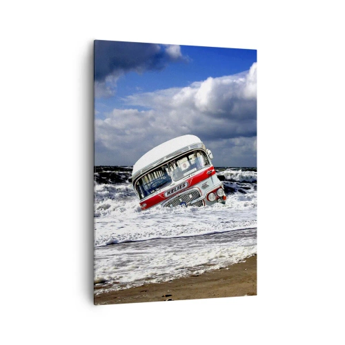Cuadro sobre lienzo - Impresión de Imagen - Un autobús hundido en la playa en medio de olas y mares agitados - 70x100cm - ¿Y qué te sorprende? - Decoración de pared moderna para salón y dormitorio ARTTOR