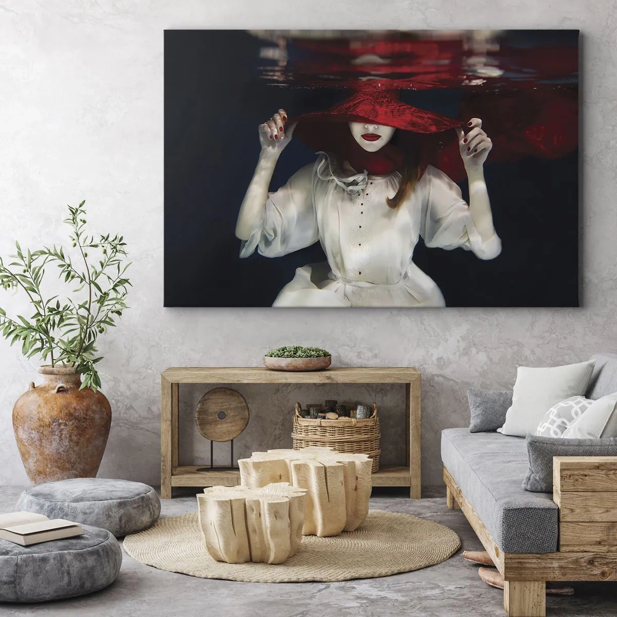 Cuadro sobre lienzo - Impresión de Imagen - Una mujer con un sombrero rojo sumergida en el agua. - 70x50cm - Blanco y rojo - Decoración de pared moderna para salón y dormitorio ARTTOR
