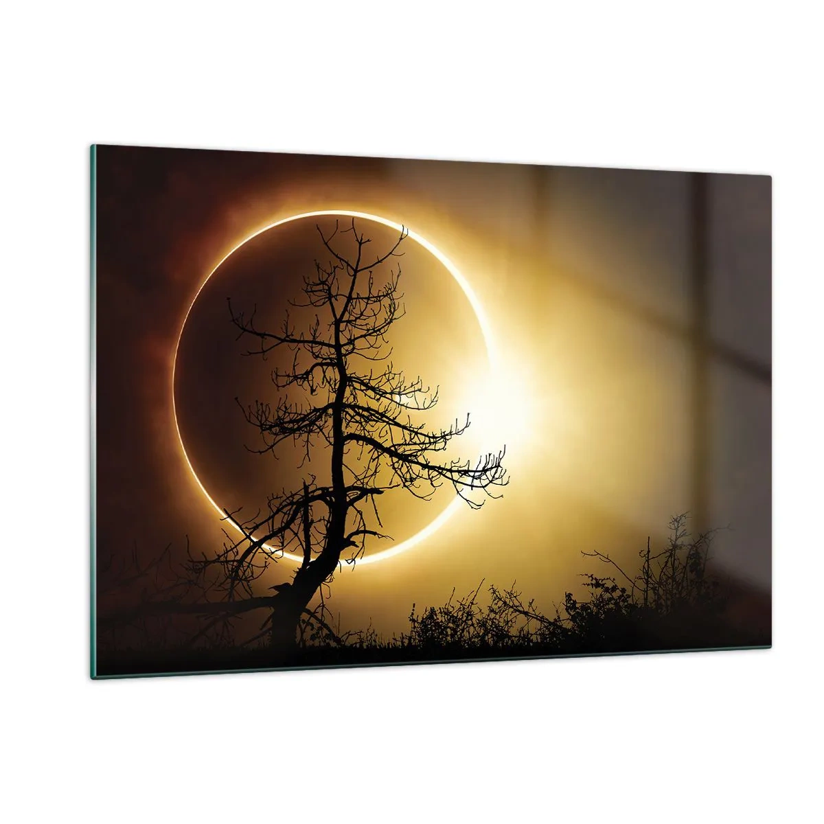 Cuadro sobre vidrio - Impresiones sobre Vidrio - Eclipse solar detrás del árbol. - 120x80cm - Eclipse total - Decoración de pared moderna para salón y dormitorio ARTTOR