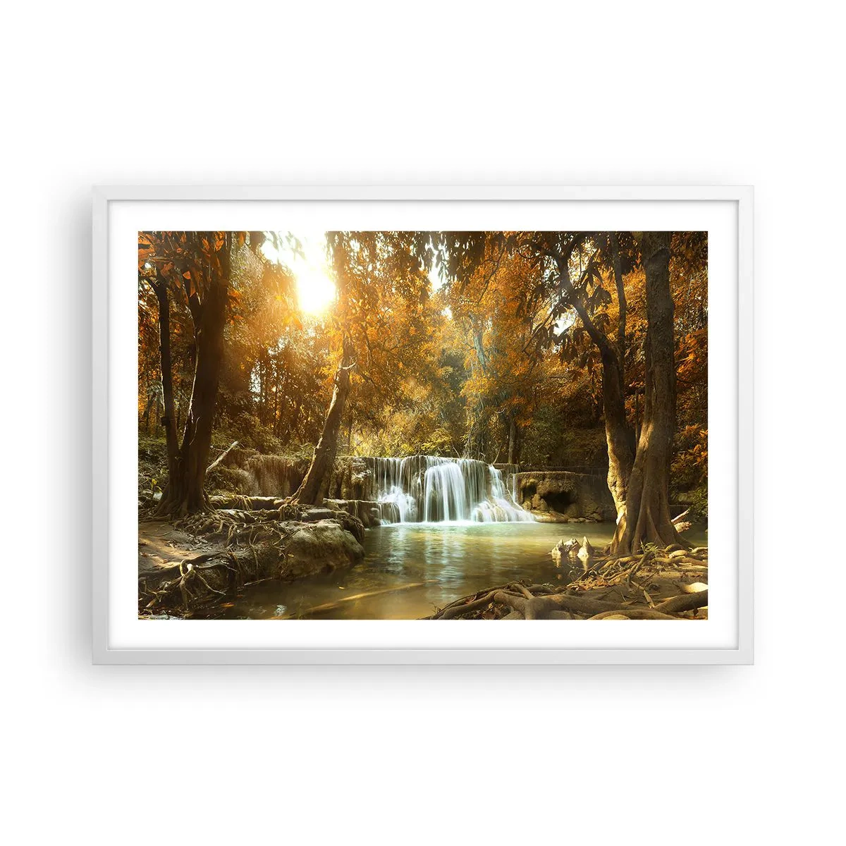 Póster en marco blanco - Una cascada en el parque - 70x50 cm