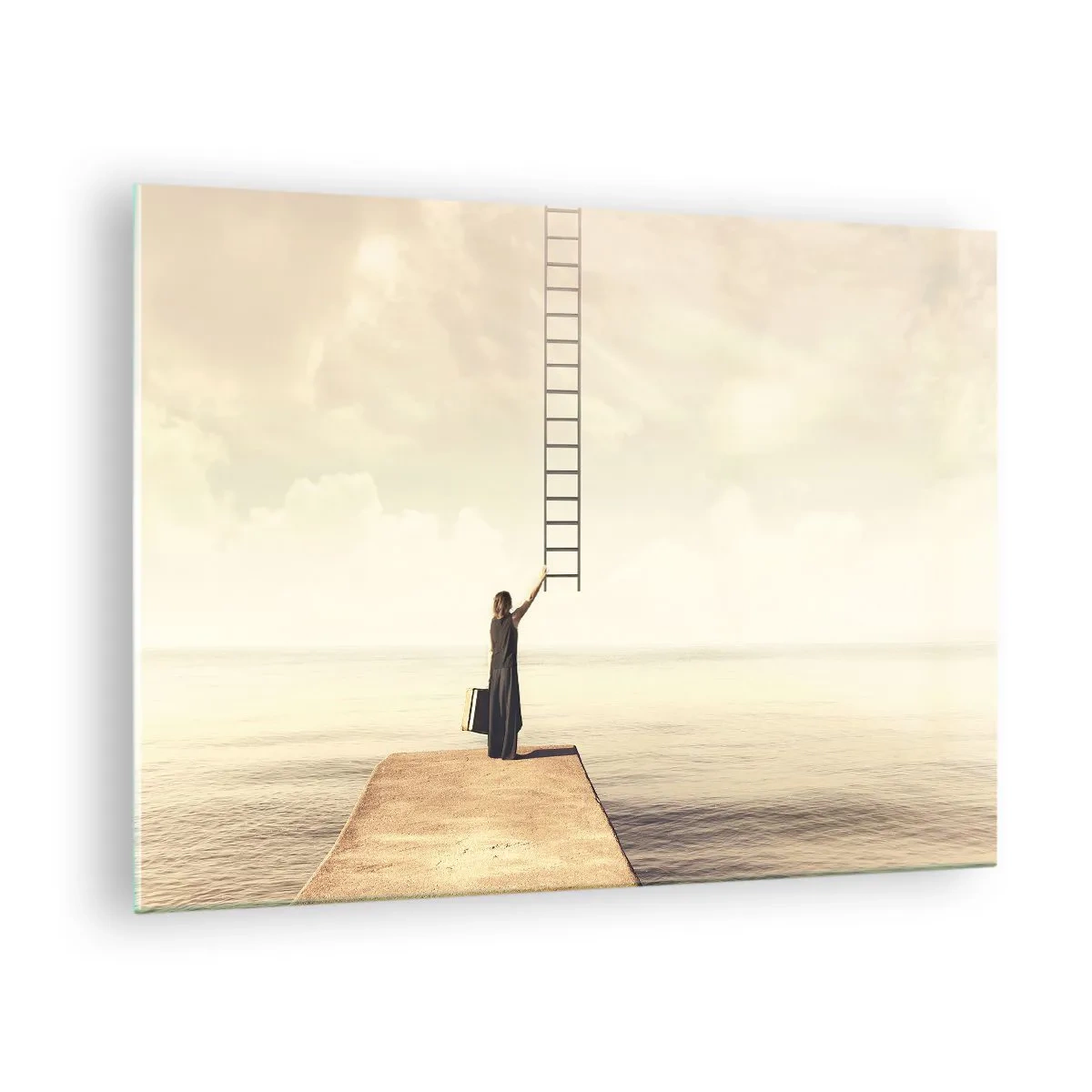Cuadro sobre vidrio - Impresiones sobre Vidrio - Mujer en un muelle con una escalera que conduce al cielo. - 70x50cm - Un viaje mágico - Decoración de pared moderna para salón y dormitorio ARTTOR