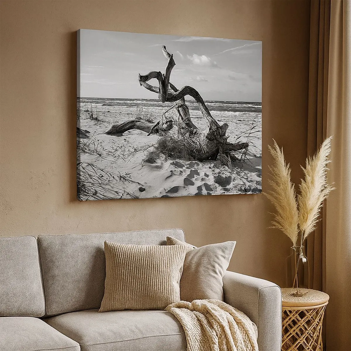 Cuadro sobre lienzo - Impresión de Imagen - Paisaje en blanco y negro con un árbol muerto en la playa. - 70x50cm - Escultura marina - Decoración de pared moderna para salón y dormitorio ARTTOR