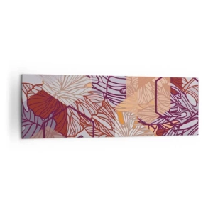 Cuadro sobre lienzo - Impresión de Imagen - Un patrón decorativo de hojas tropicales en tonos morado, naranja y beige. - 160x50cm - La unión imposible de la geometría y la naturaleza - Decoración de pared moderna para salón y dormitorio ARTTOR