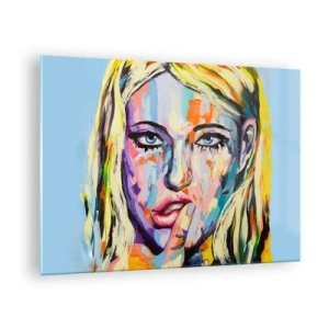 Cuadro sobre vidrio - Impresiones sobre Vidrio - Un retrato colorido de una mujer con expresión pensativa. - 70x50cm - Mírala a los ojos - Decoración de pared moderna para salón y dormitorio ARTTOR