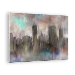 Cuadro sobre vidrio - Impresiones sobre Vidrio - Imagen abstracta de una ciudad con rascacielos. - 70x50cm - Una composición de acero, piedra y niebla - Decoración de pared moderna para salón y dormitorio ARTTOR