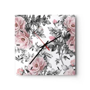 Reloj de pared - Reloj de vidrio - Rosas rosas y hojas sobre un delicado fondo blanco y negro. - 30x30cm - Entre las rosas - Decoración de pared moderna para salón y dormitorio ARTTOR